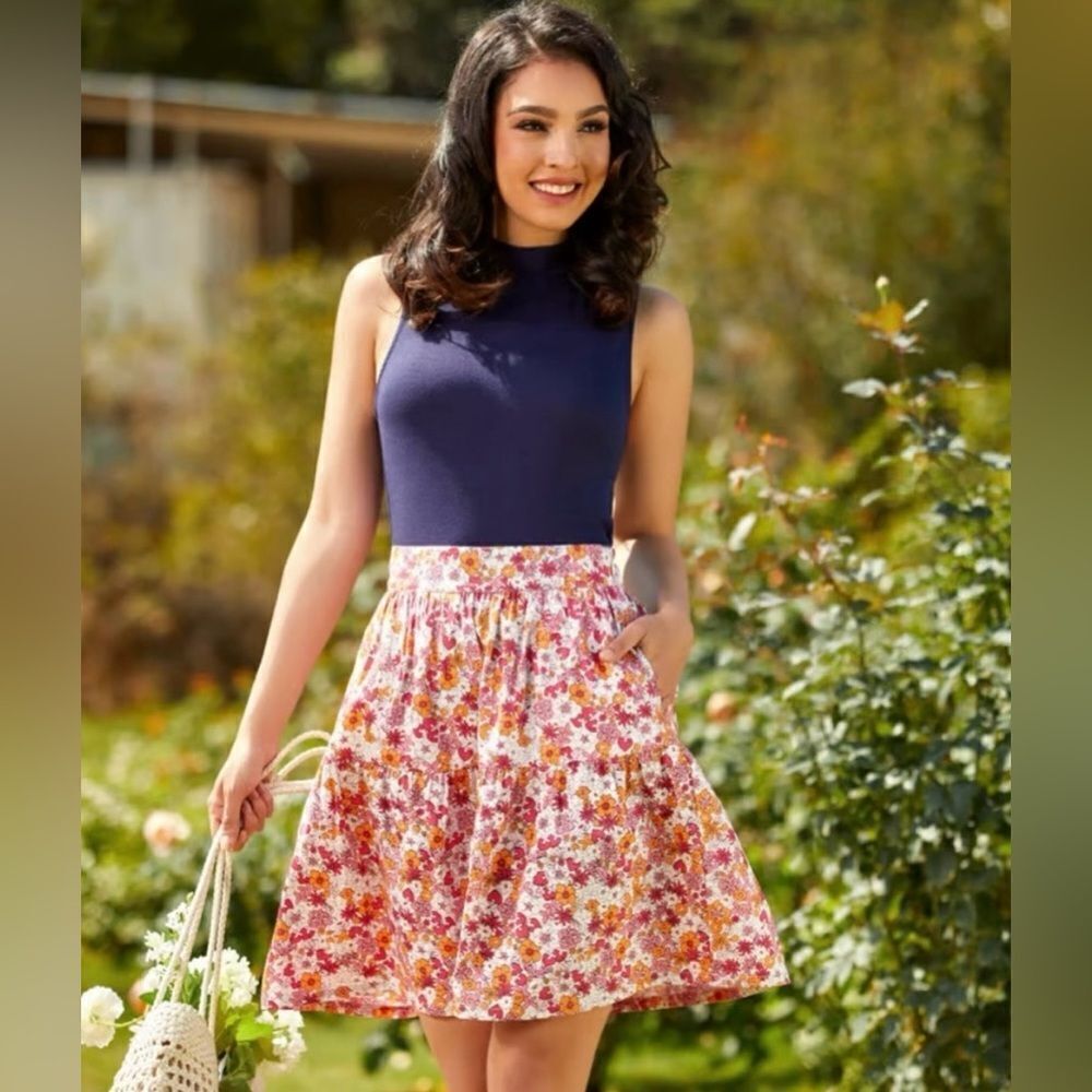 Modcloth Dolls On Parade Tiered Skirt Casusl Cotton Aline Mini Pink Orange L NWT